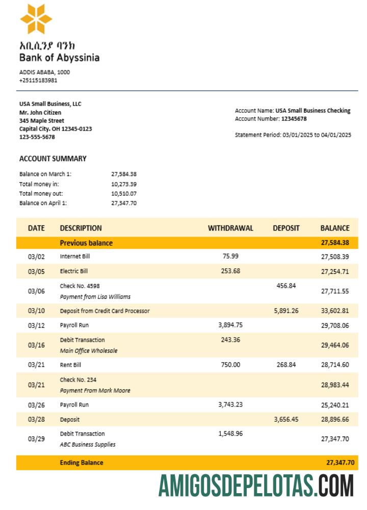 Exemplo de extrato bancário comercial do Bank Of Abyssinia em formato Word e PDF